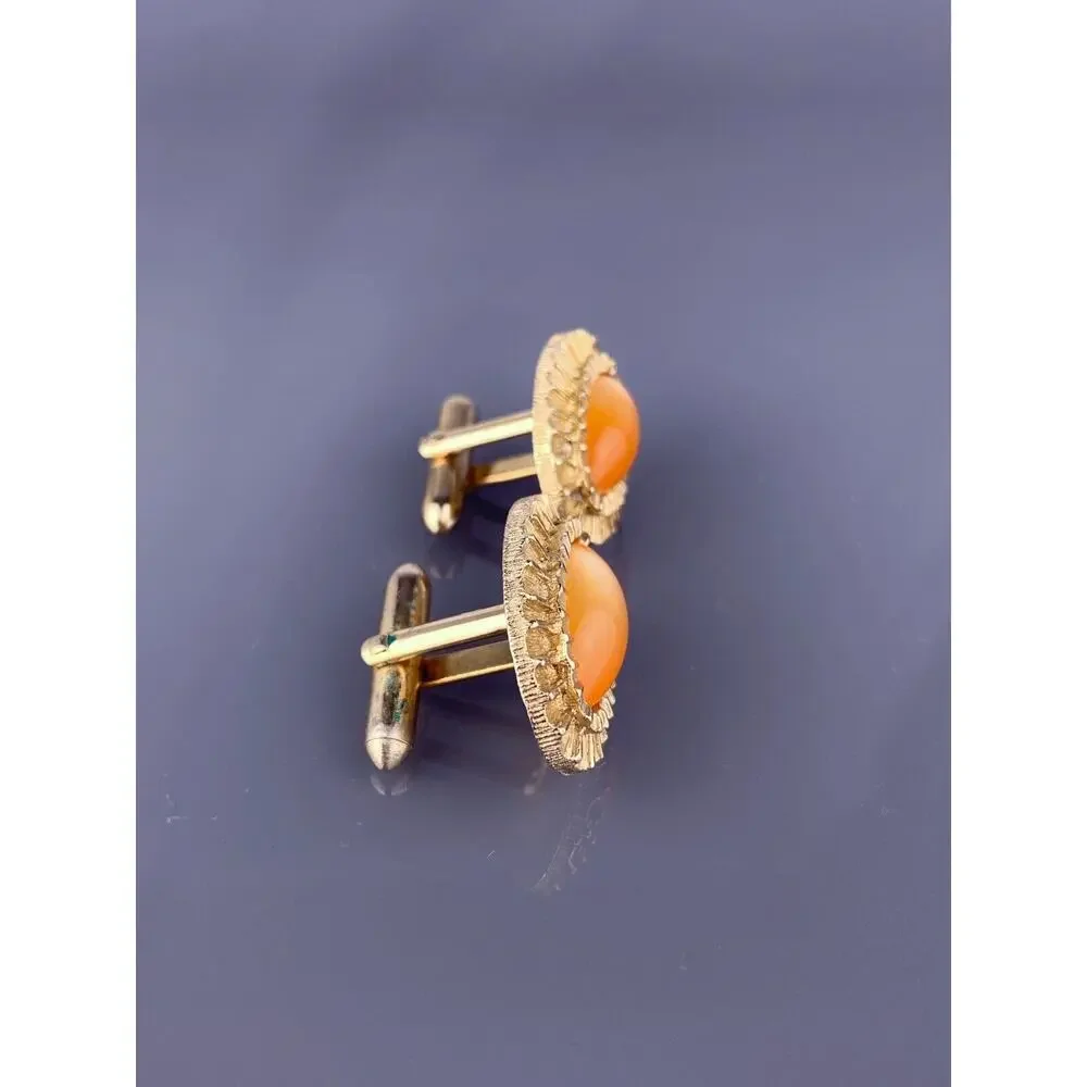 Orange Cabochon Cats Eye Cufflinks Gold Tone Mid Century Modernist Vintage